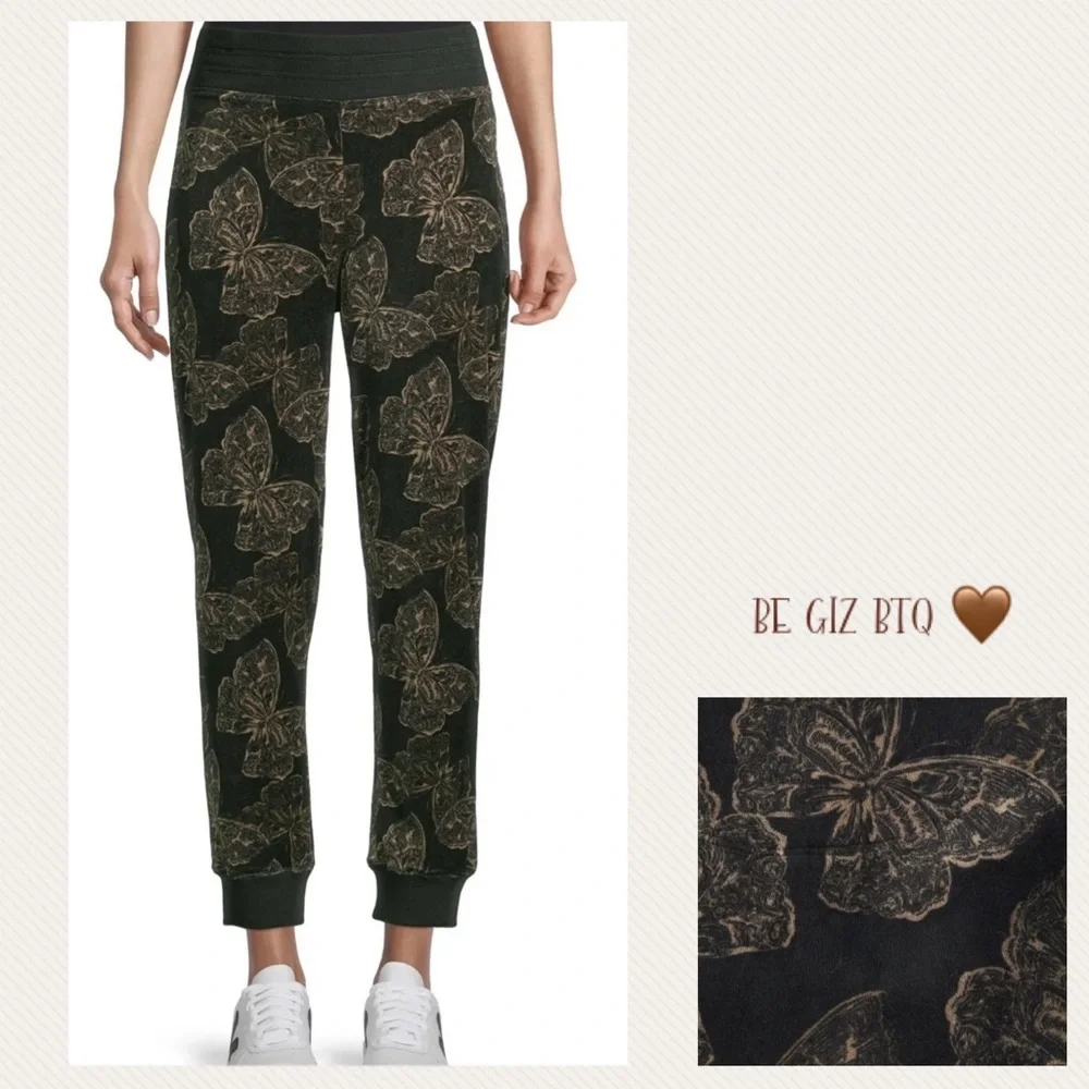 Johnny Was Zuri Modern Velour Sweatpants Black & Butterflies Size X-Large - Picture 2 of 12